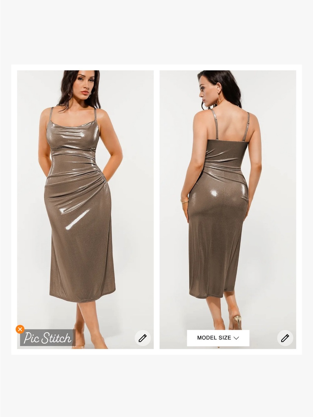 Popilush Metallic Cowl Neck Ruched Midi Dress Bronze